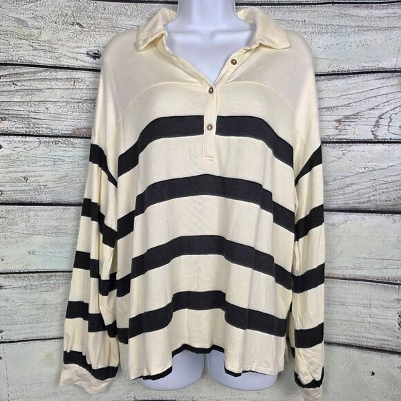 Maurices Ivory Black Striped Collared Button Top L - Picture 2 of 6